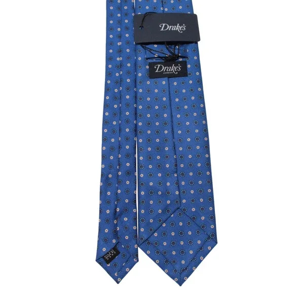 Drake's NWT Neck Tie in Blue with White & Orange Mini Floral Print 100% Silk